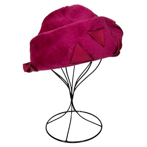 Vintage Gwen Pennington Hat Pink Faux Fur Fluffy Pillbox w/ Triangular Details - Picture 4 of 12